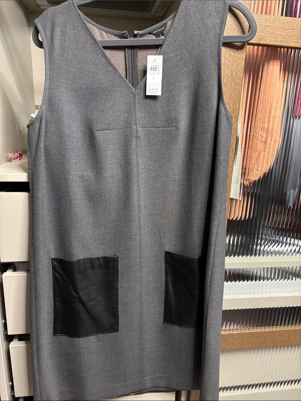 Sleeveless V-Neck Shift Dress with Leather Patch Pockets - Gray